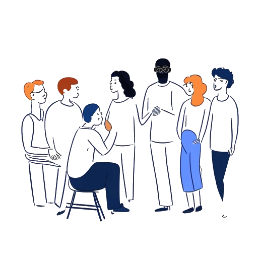 Una semplice illustrazione di un uomo che rappresenta FaZe Banks in profonda conversazione con un gruppo diversificato, simboleggia la sua apertura riguardo le lotte personali e le molteplici iniziative creative.