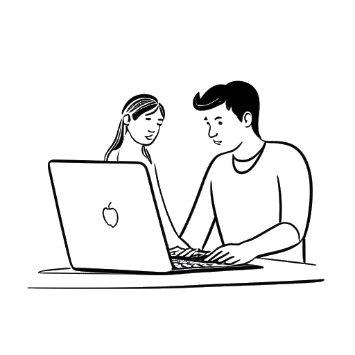 Line art drawing of a man and a woman, representing Richard Bengtson and Alissa Violet, holding hands and looking at a laptop screen, all against a white backdrop.