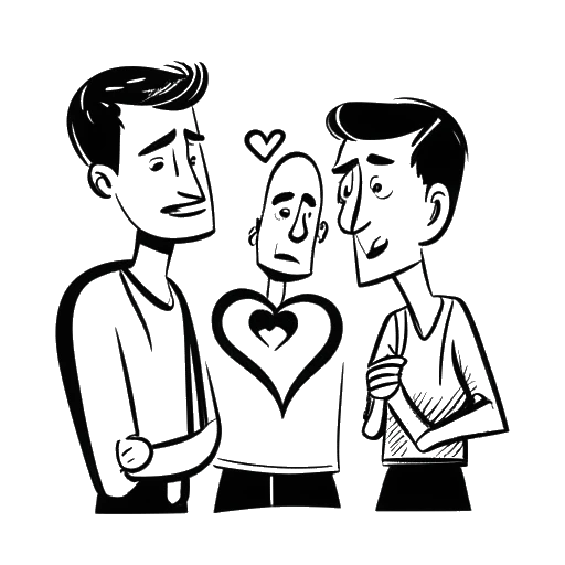 Line art drawing of a man, representing FaZe Banks, holding a broken heart, with two other men arguing in the background.