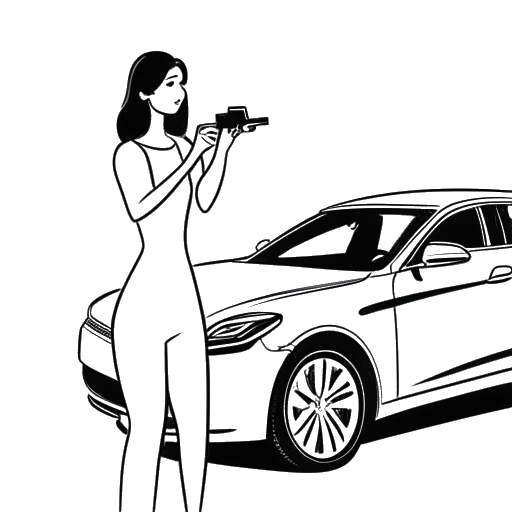Strichzeichnung eines Mannes, der FaZe Banks darstellt, Schlüssel an eine Frau, die Alissa Violet darstellt, übergebend, mit einem Luxusauto und einer Kamera im Hintergrund.