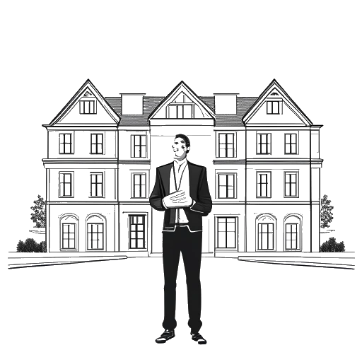 Dibujo en línea de un hombre, representando a FaZe Banks, parado frente a tres mansiones, sosteniendo un plano.