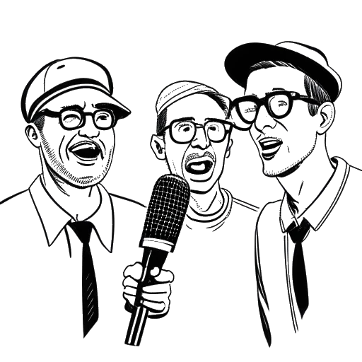 Lijnillustratie van een man, die FaZe Banks vertegenwoordigt, met een microfoon, met twee andere mannen, waarvan een met een matrozenhoed en de ander met een bril, op de achtergrond.