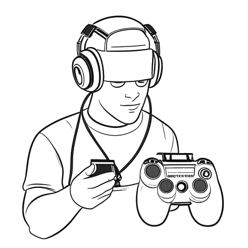 Dibujo en línea de un hombre, representando a FaZe Banks, sosteniendo un auricular de juego y una cámara de video, con un controlador de juegos y una claqueta de cine en el fondo.
