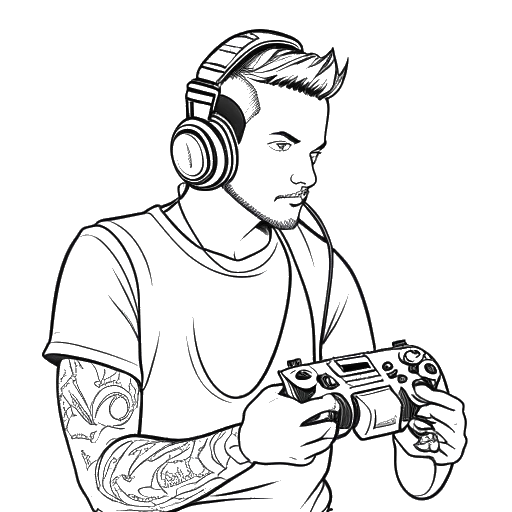 Line art drawing of a man, representing Richard Bengtson, showing a tattoo on his arm, with a game controller and gaming headset in the background, all against a white backdrop.