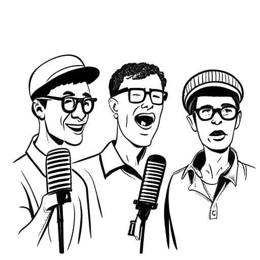Line art drawing of a man, representing Richard Bengtson, holding a microphone, with two other men, one with a sailor's hat and the other with glasses, in the background, all against a white backdrop.