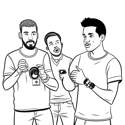 Line art drawing of a man, representing Richard Bengtson, holding a game controller, with two other men, one with a microphone and the other with an American football, in the background, all against a white backdrop.