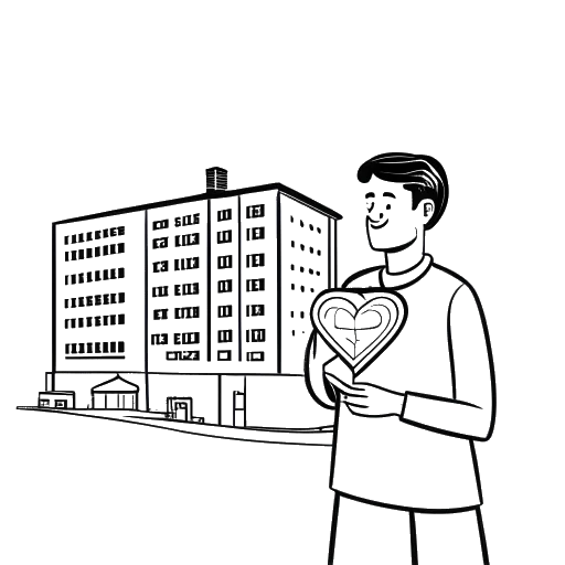 Dibujo en línea de un hombre, representando a FaZe Banks, sosteniendo un corazón, con un edificio hospitalario y una historia clínica en el fondo.