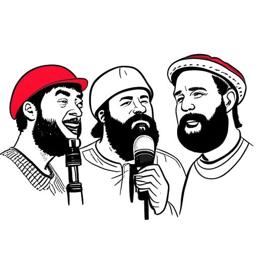 Lijnillustratie van een man, die FaZe Banks vertegenwoordigt, met een microfoon, met twee andere mannen, waarvan een met een rode hoed en de ander met een baard, op de achtergrond.