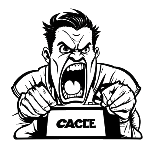 Lijnillustratie van een man, die FaZe Banks vertegenwoordigt, die boosheid toont, met een gamecontroller en een computerscherm waarop het woord 'woede' staat, op de achtergrond.
