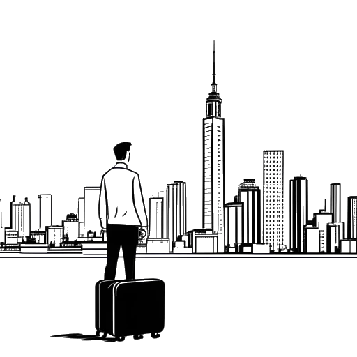 Line art drawing of a man, representing Richard Bengtson, holding a suitcase, with the New York skyline and the Hollywood sign in the background, all against a white backdrop.