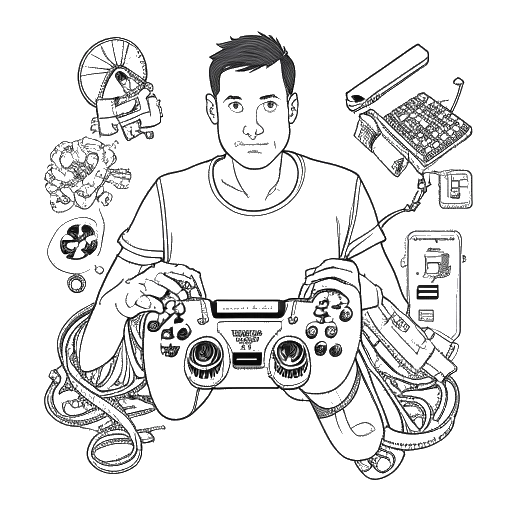 Disegno in bianco e nero di un uomo, che rappresenta FaZe Banks, che tiene un controller Xbox 360 e un cacciavite, circondato da componenti elettronici.