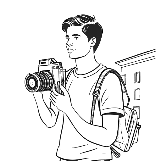 Line art drawing of a man, representing Richard Bengtson, holding a video camera, with a school building in the background, all against a white backdrop.