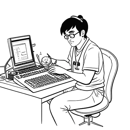 Strichzeichnung einer Person, die Chris Chan repräsentiert, die an einem Schreibtisch sitzt und Sonichu-Comics zeichnet. Musikinstrumente sind in der Nähe zu sehen, alles vor einem weißen Hintergrund.