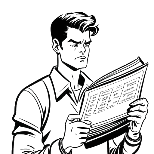 Line art drawing of a person, representing Chris Chan, holding a Sonichu comic book.