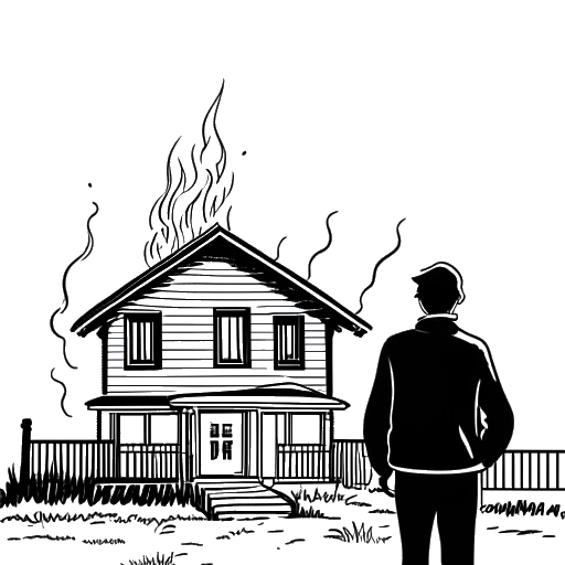 Desenho de arte em linha de uma pessoa, representando Chris Chan, em pé do lado de fora de uma casa em chamas.