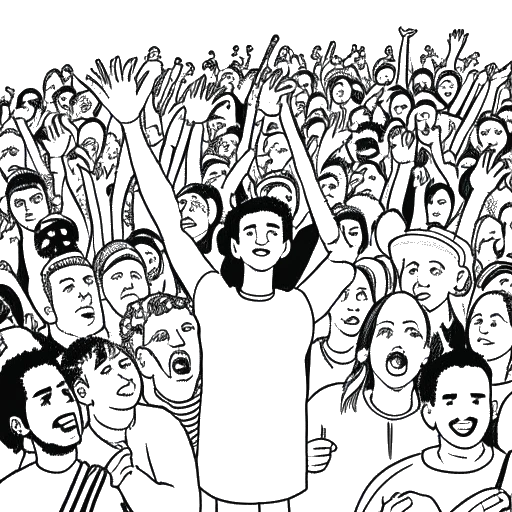 Dibujo de arte lineal de una persona, que representa a Chris Chan, rodeada de fans.