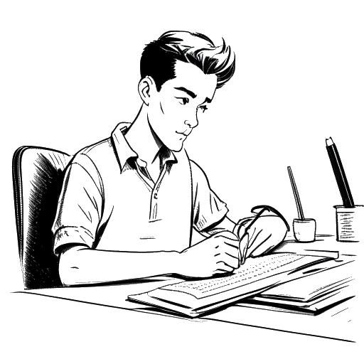 Line art drawing of a man, representing Chris Chan, working on a comic strip.