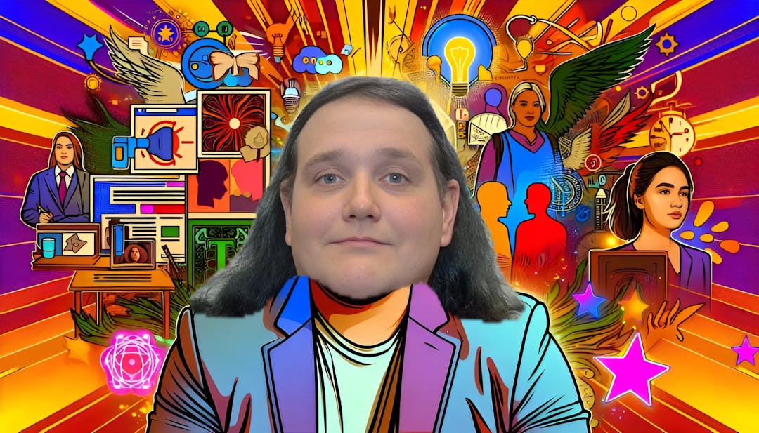 Chris, a plus-size individual with light skin, looking confidently into the camera. The background features elements from their personal and professional life, including Sonichu comics, YouTube, and symbols of their belief in being the Avatar of all existence. The attire is casual and colorful, reflecting their vibrant personality.