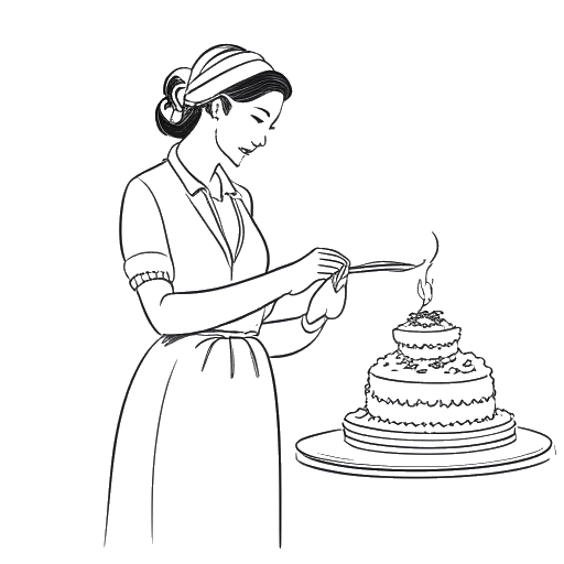 Line art drawing of a woman, representing Angela Merkel, baking a cake and enjoying opera, illustrating her personal interests outside of politics.