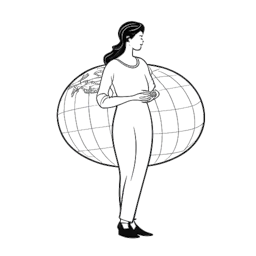 Line art drawing of a woman, representing Angela Merkel, standing firm with an image of the globe behind her, pointing out her global influence and commitment to important issues.