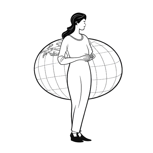 Line art drawing of a woman, representing Angela Merkel, standing firm with an image of the globe behind her, pointing out her global influence and commitment to important issues.