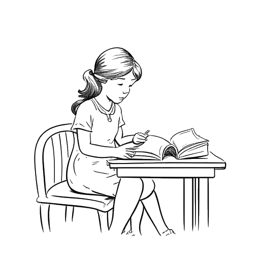Line art drawing of a young girl, representing Angela Merkel, engrossed in a book within a classic classroom setting.