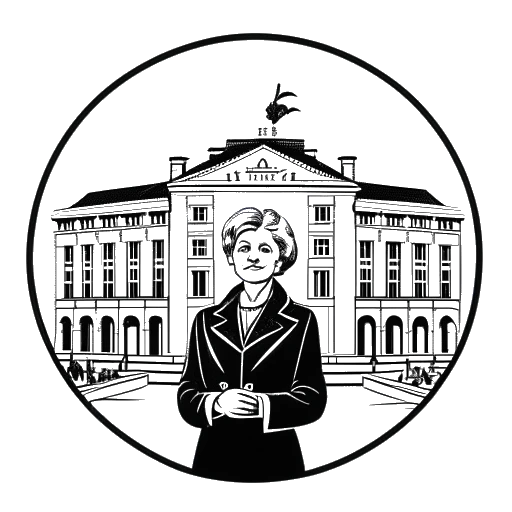 Line art drawing of woman, representing Angela Merkel, exuding charisma, standing next to the emblem of the Chancellor's Office at the German Reichstag.