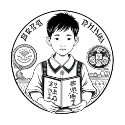 Desenho em arte linear de um menino, representando William Gao, com traços chineses e ingleses mistos, segurando um roteiro de teatro diante do emblema da Trinity School, em um fundo branco.