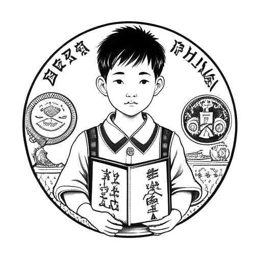 Disegno a linee di un ragazzo, che rappresenta William Gao, con caratteristiche miste cinesi e inglesi, che tiene uno script teatrale di fronte allo stemma della Trinity School, su sfondo bianco.
