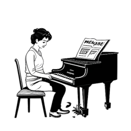 Dessin en ligne d'un homme, symbolisant William Gao, jouant du piano et une femme, représentant Olivia, chantant à côté de lui avec le logo du 'Projet Wasia', le tout illustré sur fond blanc.
