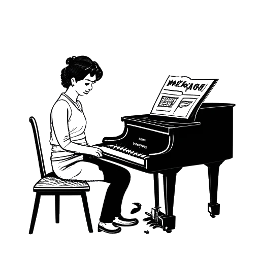 Desenho em arte linear de um homem, simbolizando William Gao, tocando piano, e uma mulher, simbolizando Olivia, cantando ao lado dele com o logo do 'Wasia Project', tudo retratado em um fundo branco.