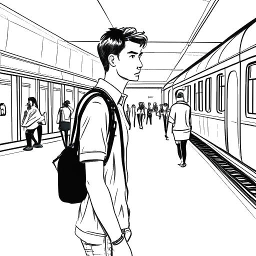 Desenho de arte de linha de um jovem, representando William Gao, sendo procurado para ser modelo em uma estação de trem