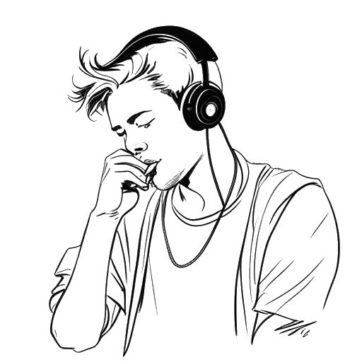 Line art drawing of a young man, representing William Gao, combining his passions for music and acting