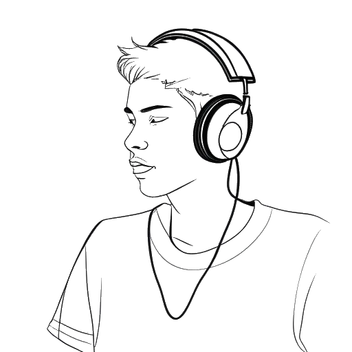 Line art drawing of a young man, representing William Gao, listening to music