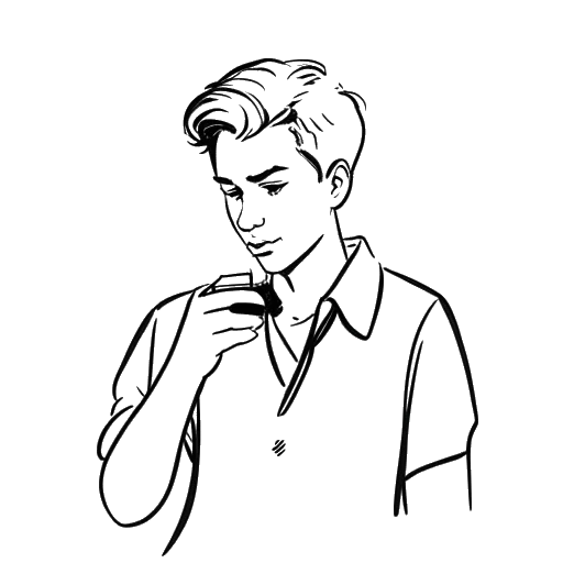 Line art drawing of a young man, representing William Gao, using a phone