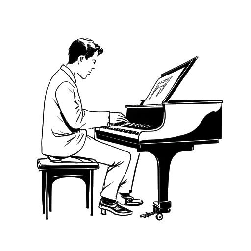 Line art drawing of a young man, representing William Gao, playing the piano