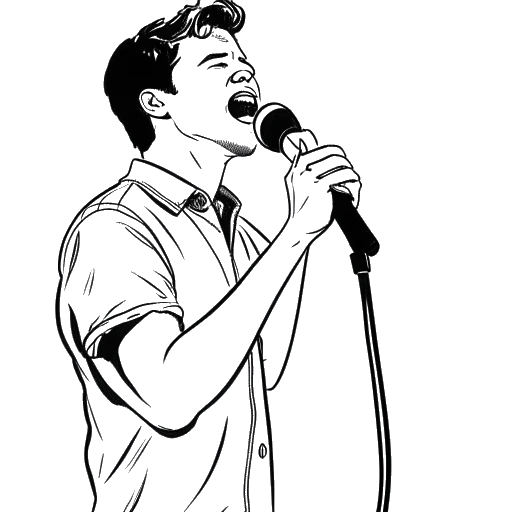 Line art drawing of a young man, representing William Gao, singing into a microphone