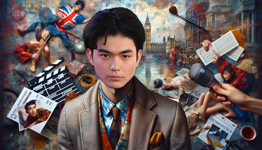 William Gao dressed in a sophisticated dark jacket and green turtleneck, surrounded by East Asian abstract art and musical themes, looking directly into the camera with an engaging presence.