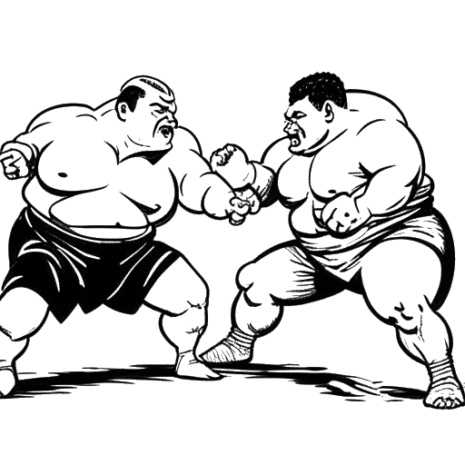 One-line illustration of two wrestlers in a dramatic confrontation, representing the legendary wrestling presence of Yokozuna and his unforgettable match against The Undertaker, set against a simple white backdrop.