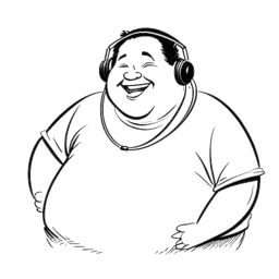 Sketch of a jovial, heavyset man with headphones, representing Yokozuna, capturing his relaxed and light-hearted nature away from the wrestling ring, against a white backdrop.