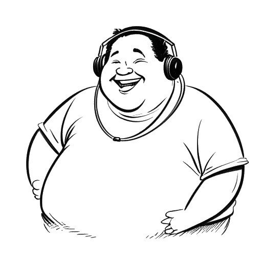 Sketch of a jovial, heavyset man with headphones, representing Yokozuna, capturing his relaxed and light-hearted nature away from the wrestling ring, against a white backdrop.