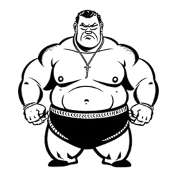 Dibujo de línea de un luchador dominante, representando a Yokozuna, sosteniendo de manera triunfante cinturones de campeonato, simbolizando su ascenso a la fama y éxito en la lucha libre, en un fondo blanco.