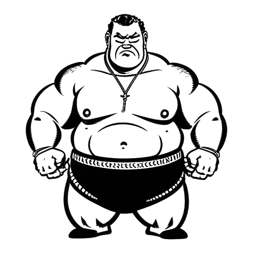 Line art of a dominant wrestler, representing Yokozuna, triumphantly holding championship belts, symbolizing his rise to fame and success in wrestling, against a white backdrop.