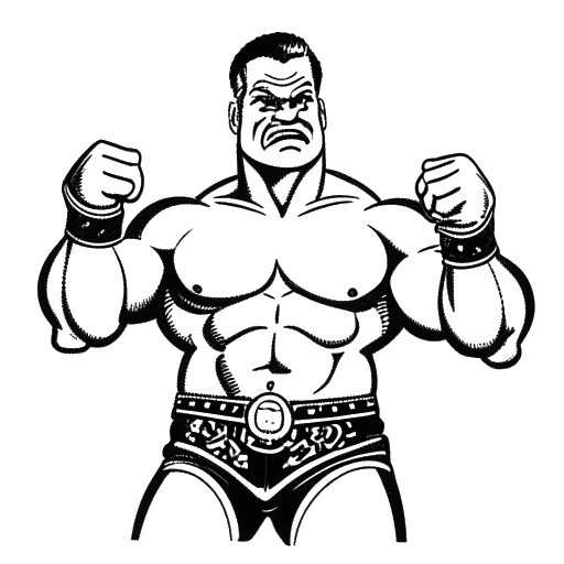 Lijn kunst weergave van Yokozuna, een kolossale worstelaar met een kampioensriem, symbool voor zijn professioneel succes en inkomsten, tegen een achtergrond van dollartekens, wat zijn geschatte nettowaarde weergeeft.