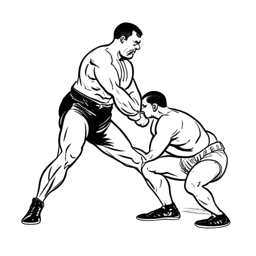 Lijntekening van een man, die Afa vertegenwoordigt, die worstelbewegingen aanleert aan een grote, jongere worstelaar, die Yokozuna vertegenwoordigt, op een witte achtergrond