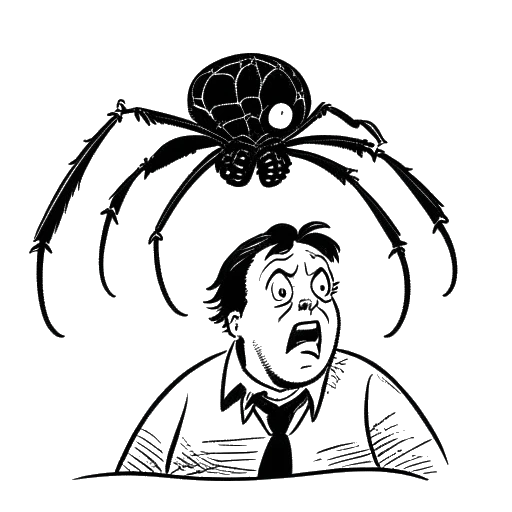 Line art drawing of a large man, representing Yokozuna, looking scared with a spider in the background, on a white background