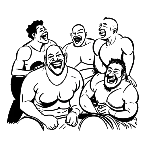 Line art drawing of a large wrestler, representing Yokozuna, laughing and joking with other wrestlers backstage, on a white background