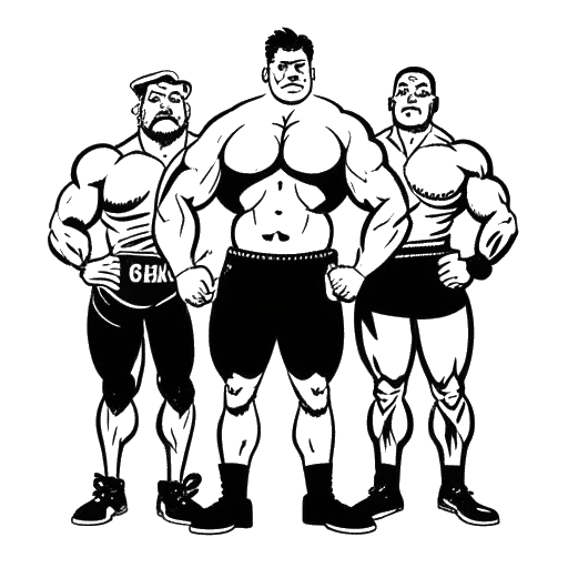 Dibujo de línea de un luchador grande, representando a Yokozuna, parado con Owen Hart, British Bulldog y Vader, con 'Camp Cornette' escrito sobre ellos, sobre un fondo blanco