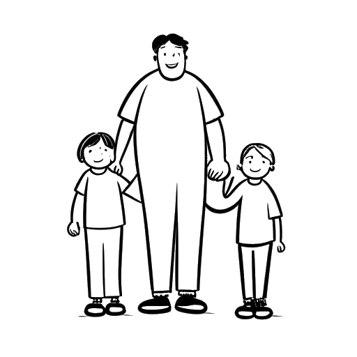 Desenho em arte linear de um homem grande, representando Yokozuna, de mãos dadas com um menino e uma menina, representando seus filhos Justin e Keilani, em um fundo branco