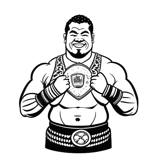 Line art drawing of a large wrestler, representing Yokozuna, holding a WWF World Heavyweight Championship belt with a Samoan flag in the background, on a white background